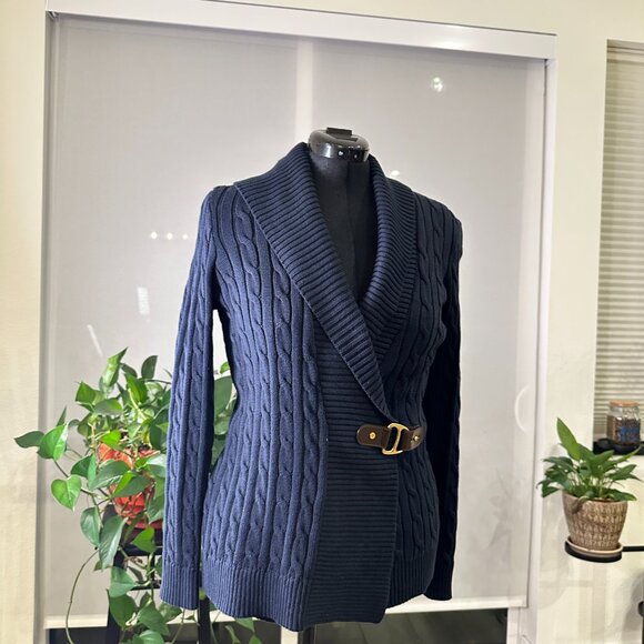 Ralph Lauren Cable Knit Cardigan Belted Shawl Collar Navy Sweater Women Large - Picture 6 of 15